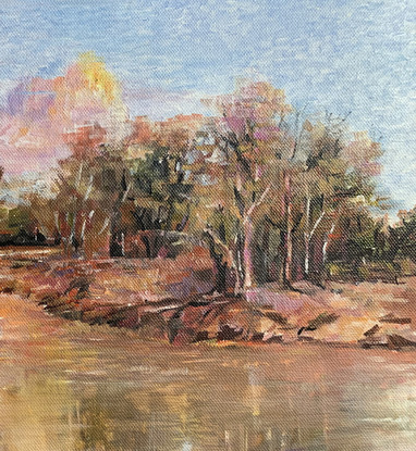 a painting of reeds and gum trees around a river all washed with the colours of sunset