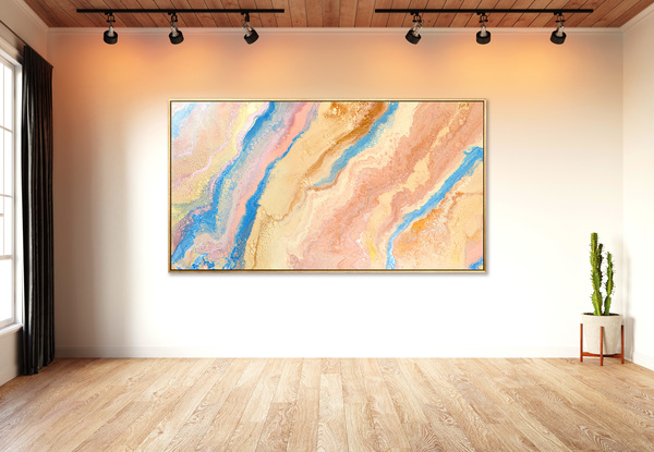 ABSTRACT painting that gives the impression of a sandy shore.  The intricate mosaic pattern within the tonal  hues and the glimmering metallics adds added interest and intrigue the close one gets to the painting. Metallics add an extra depth because the painting changes personality when one views from different angles.