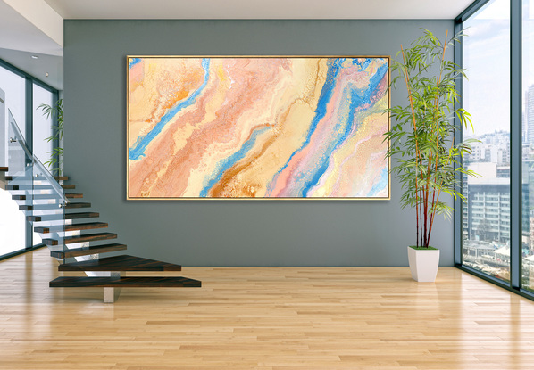 ABSTRACT painting that gives the impression of a sandy shore.  The intricate mosaic pattern within the tonal  hues and the glimmering metallics adds added interest and intrigue the close one gets to the painting. Metallics add an extra depth because the painting changes personality when one views from different angles.