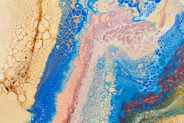 ABSTRACT painting that gives the impression of a sandy shore.  The intricate mosaic pattern within the tonal  hues and the glimmering metallics adds added interest and intrigue the close one gets to the painting. Metallics add an extra depth because the painting changes personality when one views from different angles.