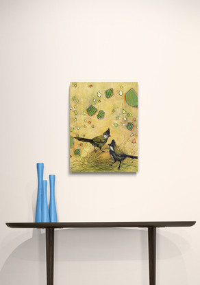 Two Eastern Whipbirds courting in Spring. Realistic birds on a cheerful yellow background depicting a abstracted foliage.