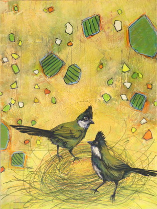 Two Eastern Whipbirds courting in Spring. Realistic birds on a cheerful yellow background depicting a abstracted foliage.