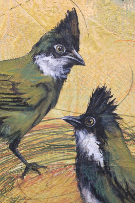 Two Eastern Whipbirds courting in Spring. Realistic birds on a cheerful yellow background depicting a abstracted foliage.