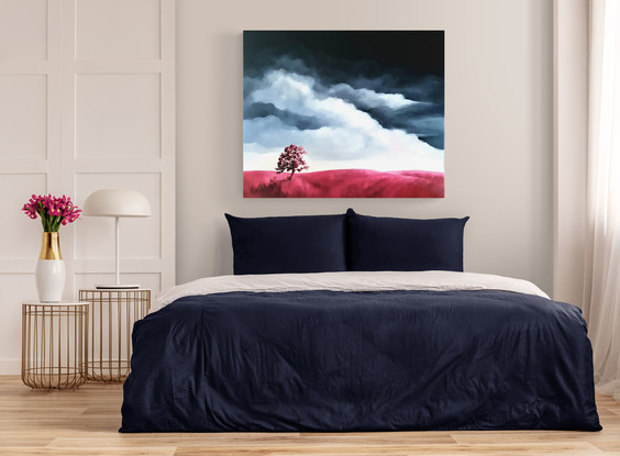 Large oil painting, dark blue clouds with a hot pink foreground of tree and hills