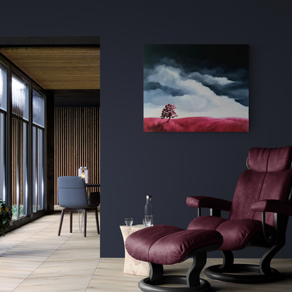 Large oil painting, dark blue clouds with a hot pink foreground of tree and hills