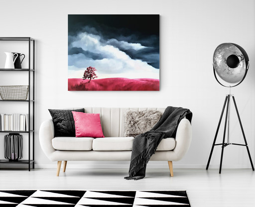 Large oil painting, dark blue clouds with a hot pink foreground of tree and hills