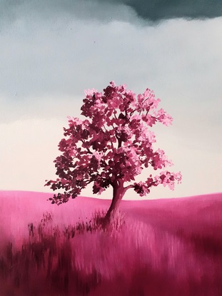 Large oil painting, dark blue clouds with a hot pink foreground of tree and hills