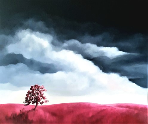 Large oil painting, dark blue clouds with a hot pink foreground of tree and hills