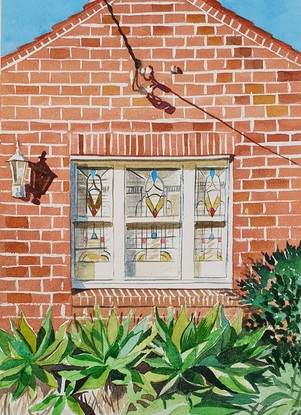 3 paintings of leadlight windows and brickwork of Californian bungalows, framed together