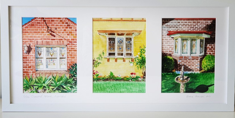 3 paintings of leadlight windows and brickwork of Californian bungalows, framed together