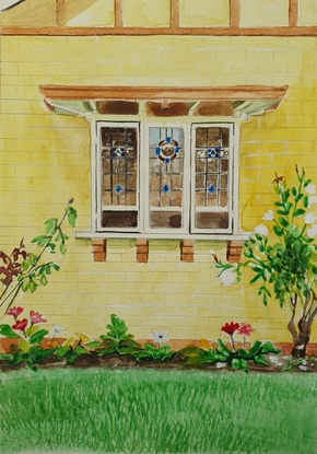 3 paintings of leadlight windows and brickwork of Californian bungalows, framed together