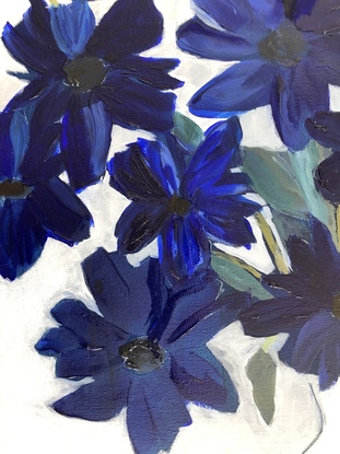 Blue flower blossom still life in oil 