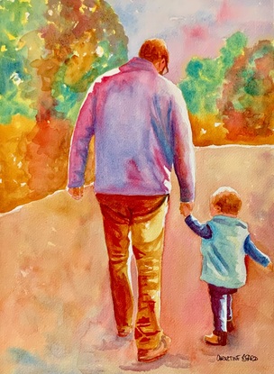 Man and child walk in the sunshine.