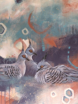 Three Bronzewings sitting together in an abstracted landscape background