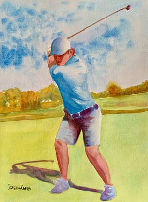 Man plays golf in the sunshine.