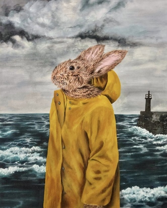 Bunny rabbit with sea, storm and lighthouse