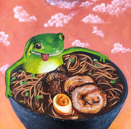 Frog having a bath in a bowl of ramen