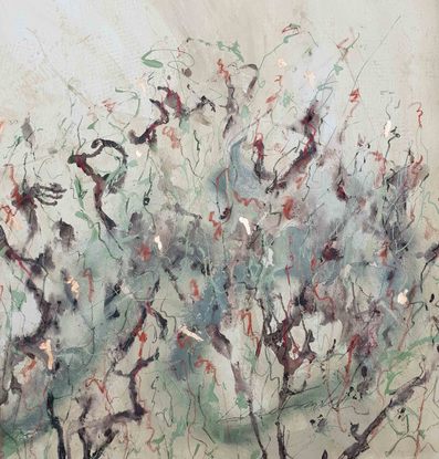 An abstract of wild grass and leaves in dark marron, red, rouge and shades of olive green and sage.