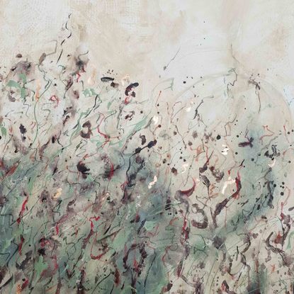 An abstract of wild grass and leaves in dark marron, red, rouge and shades of olive green and sage.