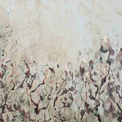 An abstract of wild grass and leaves in dark marron, red, rouge and shades of olive green and sage.