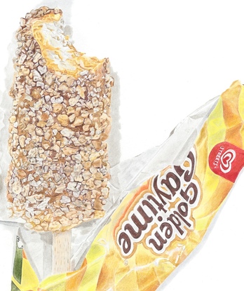 Golden Gaytime ice cream with its wrapper opened. The ice cream covered in biscuits is visible with a bite taken out of if. 