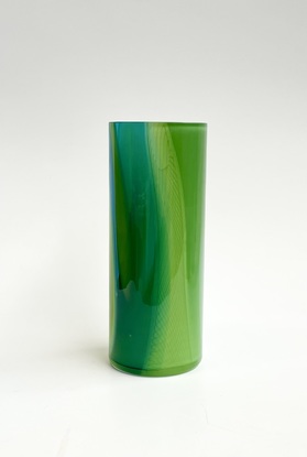 Wide cylinder vase in a mixture of greens and blues