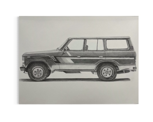 Pencil drawing on 600gsm paper, of a 60 series Toyota Landcruiser.  