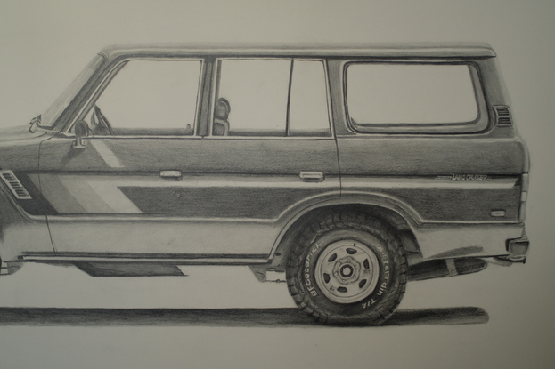 Pencil drawing on 600gsm paper, of a 60 series Toyota Landcruiser.  