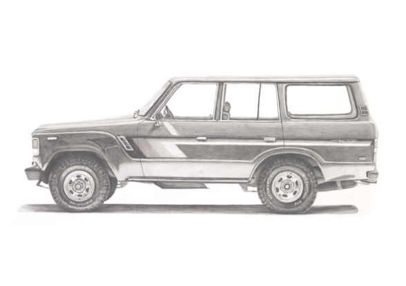 Pencil drawing on 600gsm paper, of a 60 series Toyota Landcruiser.  