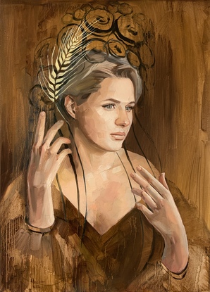 A beautiful realistic young woman with moving hands. Traditional Ukrainian headdress with spikelets of wheat on woman’s head.