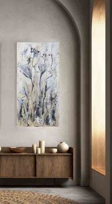 an abstract landscape of wild grass and wild flowers in beige, blue, black and grey