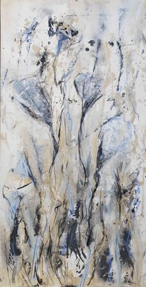 an abstract landscape of wild grass and wild flowers in beige, blue, black and grey