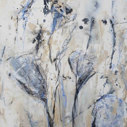 an abstract landscape of wild grass and wild flowers in beige, blue, black and grey