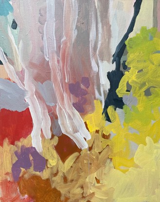 Bright sunny yellows and strong red form an abstracted landscape set with ghost white gums. Uplifting and engaging.