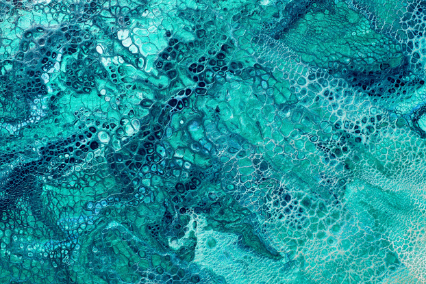 ABSTRACT painting that gives the impression of soothing ocean waves lapping in to soft sandy shore.  The intricate mosaic pattern within the tonal blue hues and the glimmering metallics adds added interest and intrigue.
The closer you get to the painting the more of the interesting details and patterns you can see. Metallics add an extra depth because the painting changes personality when one views from different angles.