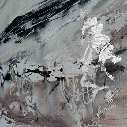 A large abstract of the Macedon Ranges . mountains in mauve, dusty pink, silver and grey.