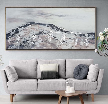 A large abstract of the Macedon Ranges . mountains in mauve, dusty pink, silver and grey.