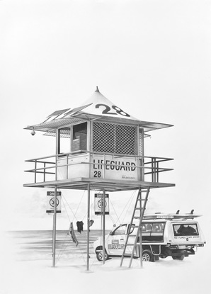 Lifeguard Tower 28 Gold Coast Australia in black and white