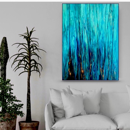 An expressive Contemporary textured landscape painting of the Australia bush depicting the shifting light across forest canopy of The Blue Mountains of Australia, in crisp tones of light turquoise soft blues and greens with metallic highlights.