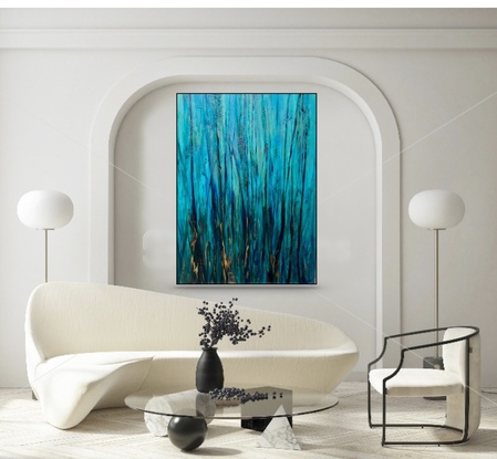 An expressive Contemporary textured landscape painting of the Australia bush depicting the shifting light across forest canopy of The Blue Mountains of Australia, in crisp tones of light turquoise soft blues and greens with metallic highlights.