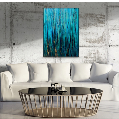 An expressive Contemporary textured landscape painting of the Australia bush depicting the shifting light across forest canopy of The Blue Mountains of Australia, in crisp tones of light turquoise soft blues and greens with metallic highlights.