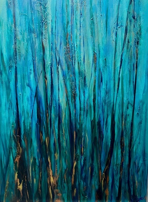 An expressive Contemporary textured landscape painting of the Australia bush depicting the shifting light across forest canopy of The Blue Mountains of Australia, in crisp tones of light turquoise soft blues and greens with metallic highlights.