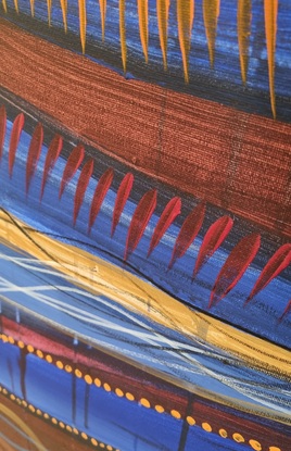 Curved lines of blue, gold and maroon run from side to side of the canvas.