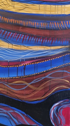 Curved lines of blue, gold and maroon run from side to side of the canvas.