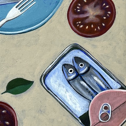 A plate of sardines with a fork dominate the top half of this painting. There is an opened can of sardines in the bottom left and two slices of tomato, all placed atop a blue and white tablecloth.