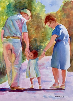 Young girl and her grandparents take a walk in the sunshine.