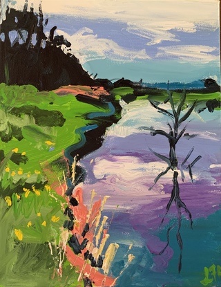 Splashes of colour using simple brushstrokes to capture the water reflections and reeds