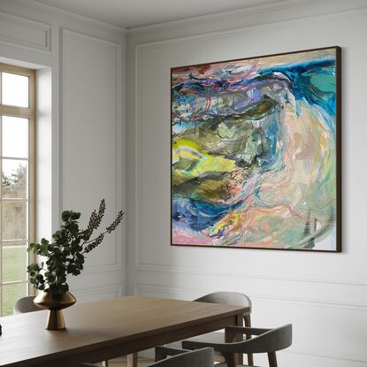 Abstract layered painting depicting a birds eye view over the coastline