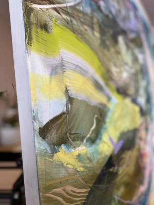 Abstract layered painting depicting a birds eye view over the coastline