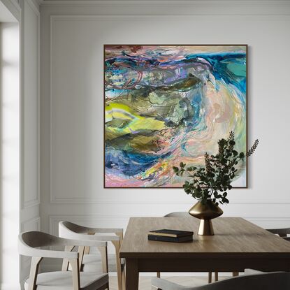 Abstract layered painting depicting a birds eye view over the coastline